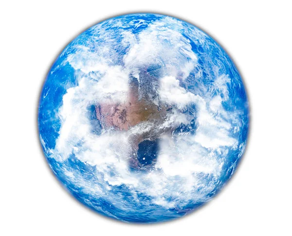 基于白色背景的医学交叉形状云形成概念的行星地球 — 图库照片