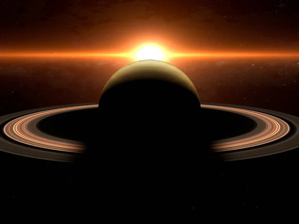 Dramatic Sunrise Gas Giant Saturn Illuminating Rings Concept — ストック写真