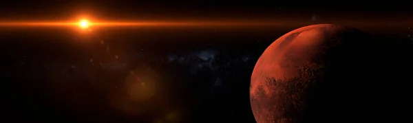 Sunrise Planet Mars Orbiting Space Strong Flare Shadows Coming Bright — ストック写真