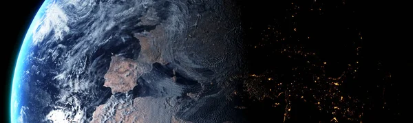 Wschód Słońca Nad Planetą Koncepcja Ziemi Ukazująca Dzień Noc Światłami — Zdjęcie stockowe