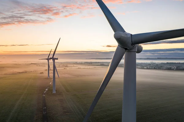 Aerial View Three Wind Turbines Early Morning Fog Sunrise English — Stock Photo, Image