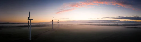 Aerial View Three Wind Turbines Early Morning Fog Sunrise English — Φωτογραφία Αρχείου