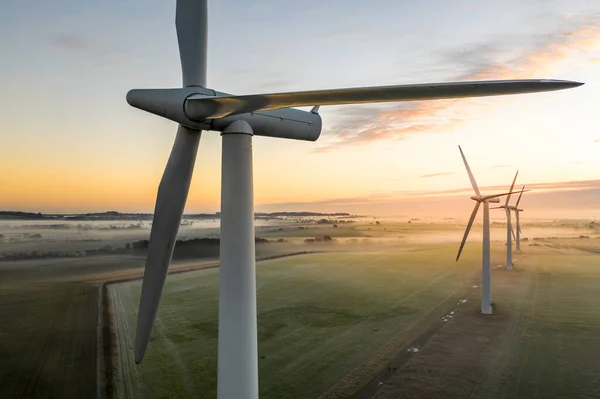 Aerial Close View Blades Commercial Wind Turbine Sunrise English Countryside —  Fotos de Stock