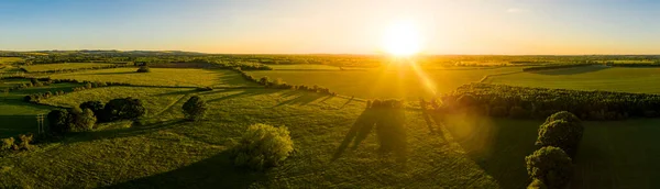 Yazın gündoğumunda İngiliz kırsalındaki tarım arazilerine bakan hava manzarası