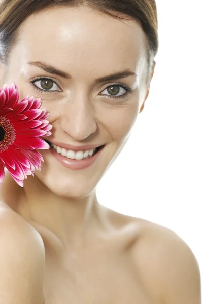 Woman holding red flower — Stock Photo, Image