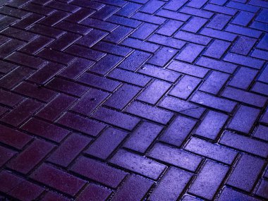 Wet brick pavement showing a strong herringbone pattern, reflecting intense purple and blue neon light at night, creating an abstract and textured surface