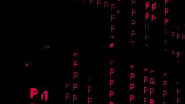 Kırmızı pikselli harfler ve semboller siyah bir ekranda kayar ve yanıp söner, dinamik bir bilgisayar kodu veri akışı, hacker arayüzü veya retro dijital gürültü ve hata efekti yaratır