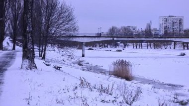 Donmuş bir nehri, karlı bir parkı ve beton bir köprüde yürüyen insanları olan şehir manzarası.