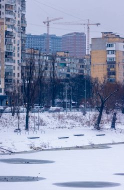 Kış parkı sahnesinde ördekler, karla kaplı bankalar, apartmanlar ve gri gökyüzünün altında inşaat vinçleri, kentsel gelişimi ve soğuk hava koşullarını betimleyen donmuş bir nehir görülüyor.