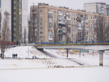 Şehir, donmuş bir nehrin üzerindeki yaya köprüsünde yürüyen insanlarla karlı bir kış gününü tasvir ediyor. Su kenarında toplanan güvercin sürüsü ve arka plandaki yerleşim binaları.