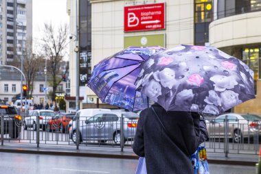 Kyiv, Ukrayna - 19 Kasım 2021: Arka planda trafik ve binalar bulunan yağmurlu bir şehir caddesinde şemsiyelerle yürüyen iki kişi