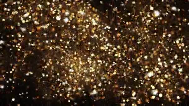 Gouden Glitter Deeltjes Zwarte Achtergrond Gouden Gloeiende Confetti Feestflyer Design — Stockvideo