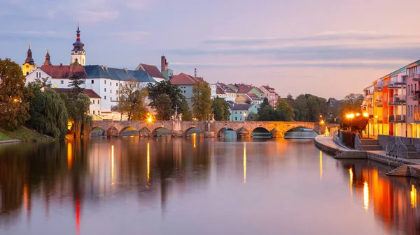 Pisek Tjeckien Panoramisk Stadsbild Pisek Med Berömda Stenbron Vid Vacker — Stockfoto