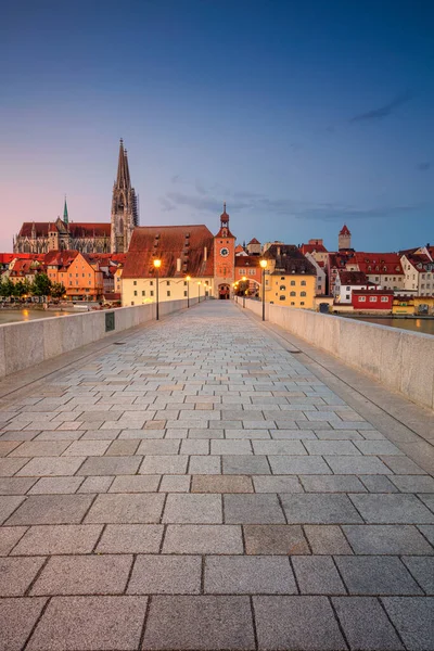 德国雷根斯堡 德国雷根斯堡的城市景观图像 夏季日出时 多瑙河上有一座古老的石桥 圣彼得大教堂也在其中 — 图库照片
