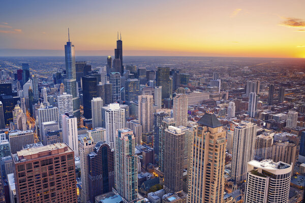 Aerial view of Chicago downtown at twilight from high above.