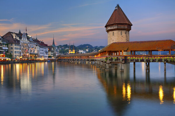 Image of Lucerne, Switzerland during twilight blue hour.