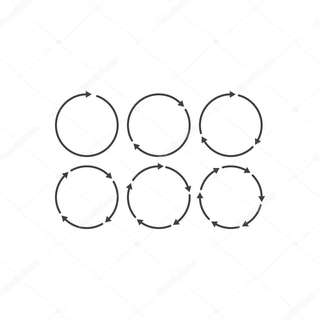 Set of repetitive circular recycle, repeat, rotation, process arrow. Vector icon template