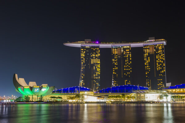 Marina Bay Sands hotel and ArtScience Museum in the night light