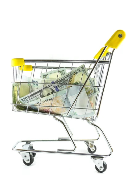 Money in shopping cart on side view full lenght — Stock Photo, Image
