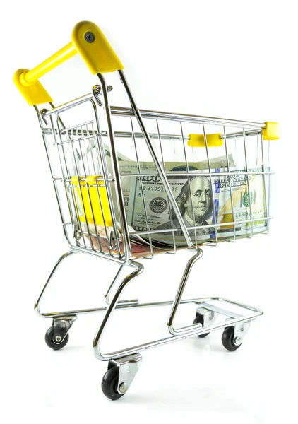 Money in shopping cart on back side — Stock Photo, Image