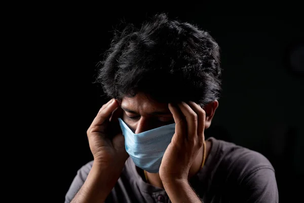 Young Man Medical Mask Holding His Head Due Headache Receiving — Stock Photo, Image