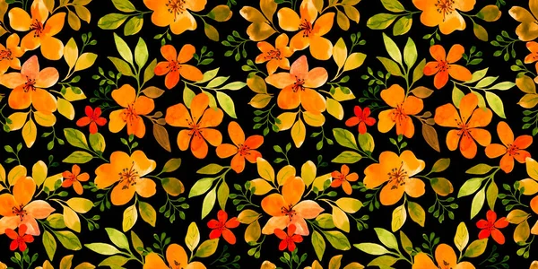 橙色小花水彩画在黑色背景上 为纺织品的设计提供了图解 纺织品无缝图案 — 图库照片
