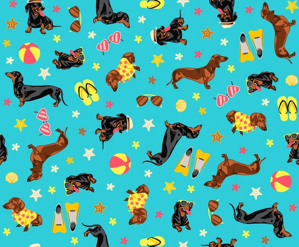 seamless pattern Dachshund VACATION turquoise background