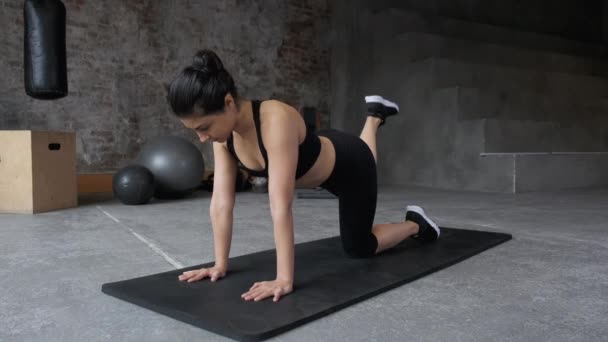 Mädchen Macht Fitness Gymnastik Fitnessstudio Frau Macht Übungen Plankenpose Mit — Stockvideo