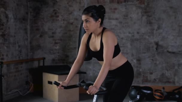 Jeune Femme Indienne Athlétique Faisant Entraînement Engagé Dans Cyclisme Habillé — Video