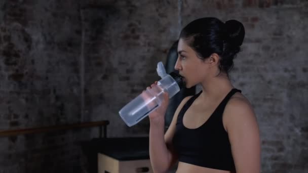 Молодая Атлетическая Индийская Азиатка Пьющая Воду Бутылки Одетая Черную Спортивную — стоковое видео