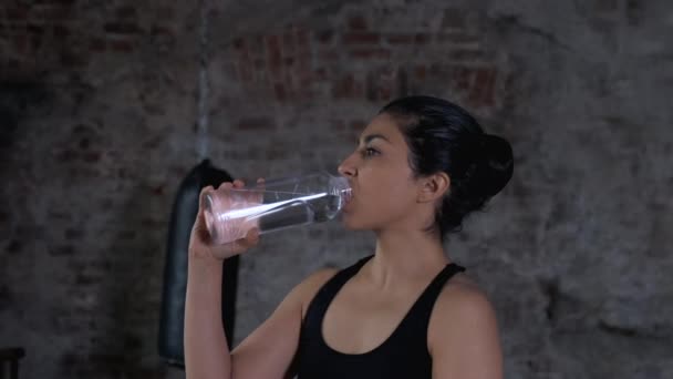 Piękna Hinduska Dziewczyna Pije Wodę Siłowni Sportowej Kobieta Pije Wodę — Wideo stockowe