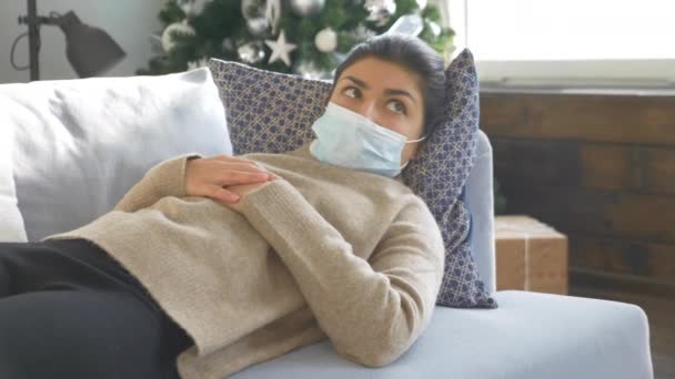 Sick Woman Lies Sofa Took Medical Mask Her Face Breathes — Stock Video