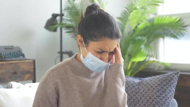 Close Young Indian Woman Mask Looks Away Communicates Doctor Home — Stock Video