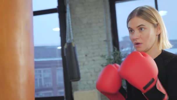 Primer Plano Hermoso Kickboxing Mujer Entrenamiento Saco Boxeo Gimnasio Chica — Vídeos de Stock