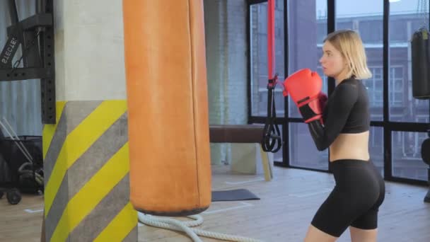 Fit Athletic Woman Kickboxer Slaat Raakt Bokszak Tijdens Een Training — Stockvideo