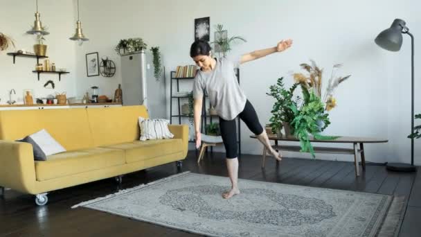 Young Indian Woman Does Yoga Meditation Home Does Balance Exercise — Stock Video