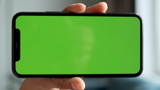 Close Woman Hand Holding Horizontally Smartphone Green Screen Chromakey Using — Stok video