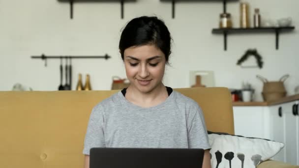 Close Portrait Young Indian Woman Working Laptop Doing Online Training — Stock video