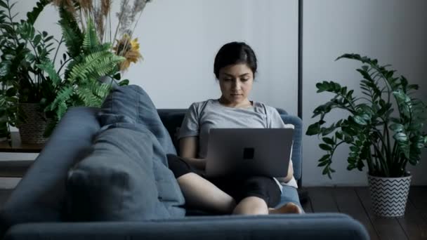 Woman Home Sitting Couch Works Laptop Computer Girl Using Computer — 图库视频影像