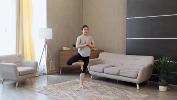 Jeune Indienne Méditant Debout Sur Tapis Main Namaste Faire Exercice — Video