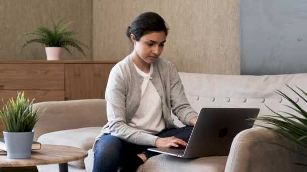 Souriant Jeune Femme Utilisant Ordinateur Portable Assis Sur Canapé Maison Séquence Vidéo Libre De Droits