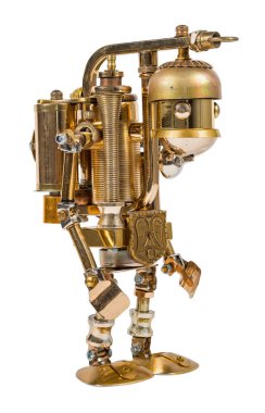 Steampunk robotu. Siber punk tarzı. Krom ve bronz parçalar. Beyazda izole edilmiş.