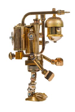 Steampunk robotu. Siber punk tarzı. Krom ve bronz parçalar. Beyazda izole edilmiş.