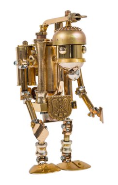 Steampunk robotu. Siber punk tarzı. Krom ve bronz parçalar. Beyazda izole edilmiş.