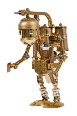 Steampunk robotu. Siber punk tarzı. Krom ve bronz parçalar. Beyazda izole edilmiş.