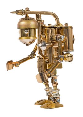 Steampunk robotu. Siber punk tarzı. Krom ve bronz parçalar. Beyazda izole edilmiş.