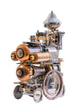 Steampunk robotu araçta. Siber punk tarzı. Krom ve bronz parçalar. Beyazda izole edilmiş.