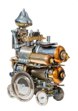 Steampunk robotu araçta. Siber punk tarzı. Krom ve bronz parçalar. Beyazda izole edilmiş.