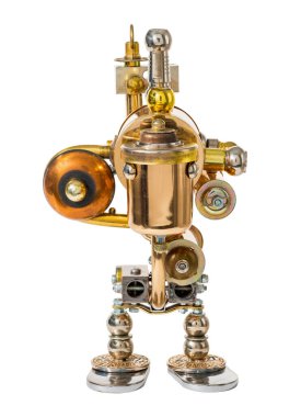 Steampunk robotu. Siber punk tarzı. Krom ve bronz parçalar. Beyazda izole edilmiş.