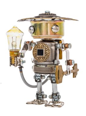 Steampunk robot ampul ve anahtar. Siber punk tarzı. Krom ve bronz parçalar. Beyazda izole edilmiş.